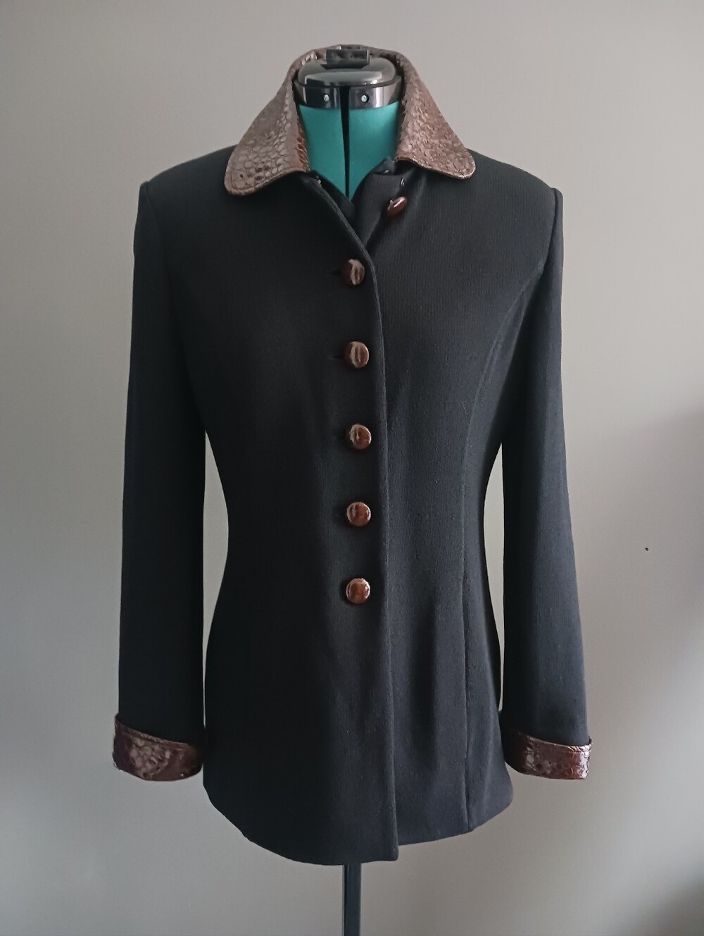 St. John Black Blazer with Brown Genuine Leather Collar & Cuff Accents